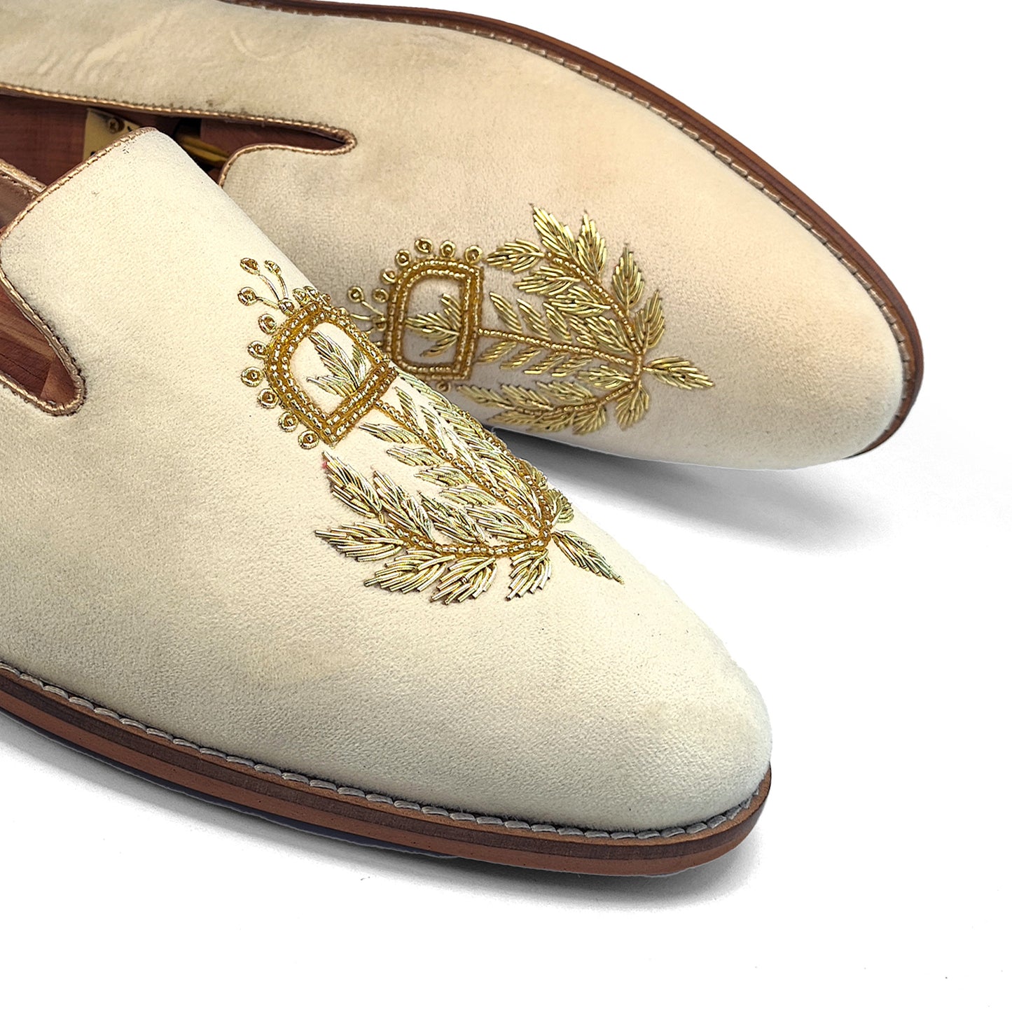 Light Ivory Velvet with Bright Gold Zardozi Handwork Wedding Shoes Ethnic Loafers for Men