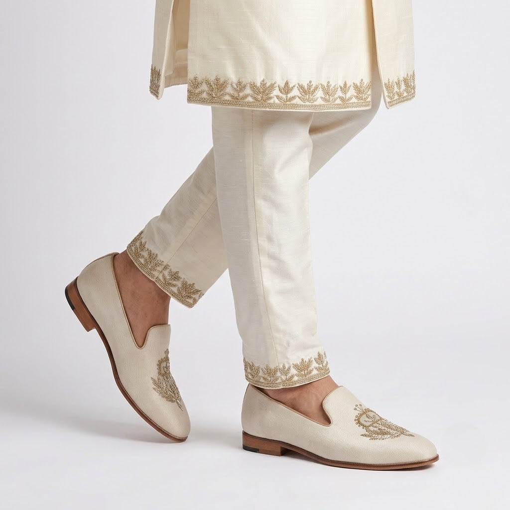 Light Creme Ivory Velvet Handwork Shoes