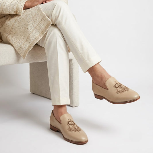Beige Leather Style with Antique Gold Zardozi Handwork for Men