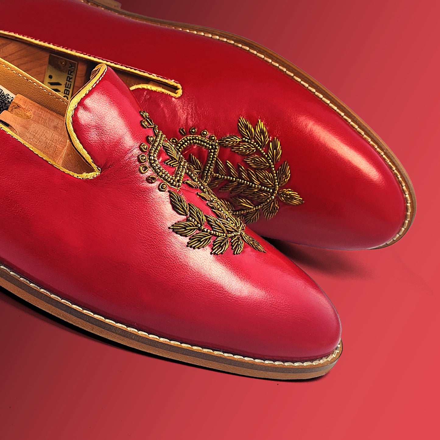 Cherry Antique Gold Zardozi Handwork Loafer Slipon Mojri for Men