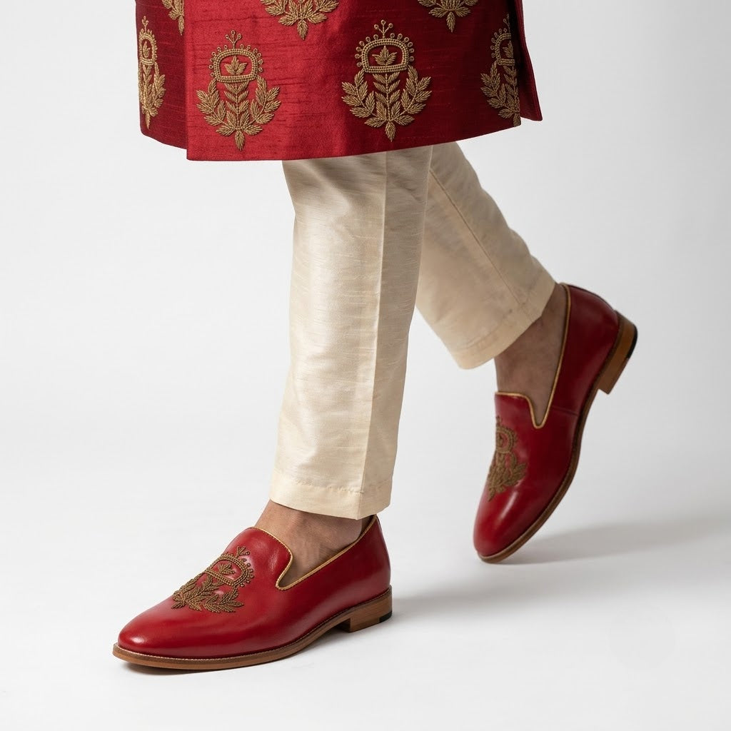 Cherry Gold Zardozi Handwork Slip-on Shoes for Men