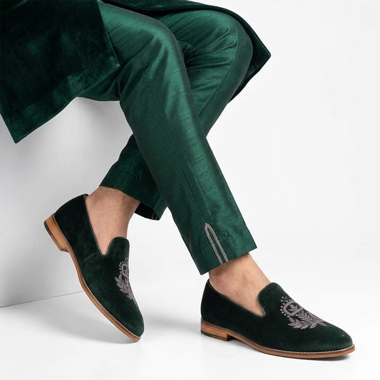 Forest Green Velvet Zardozi Wedding Ethic Shoes for Men