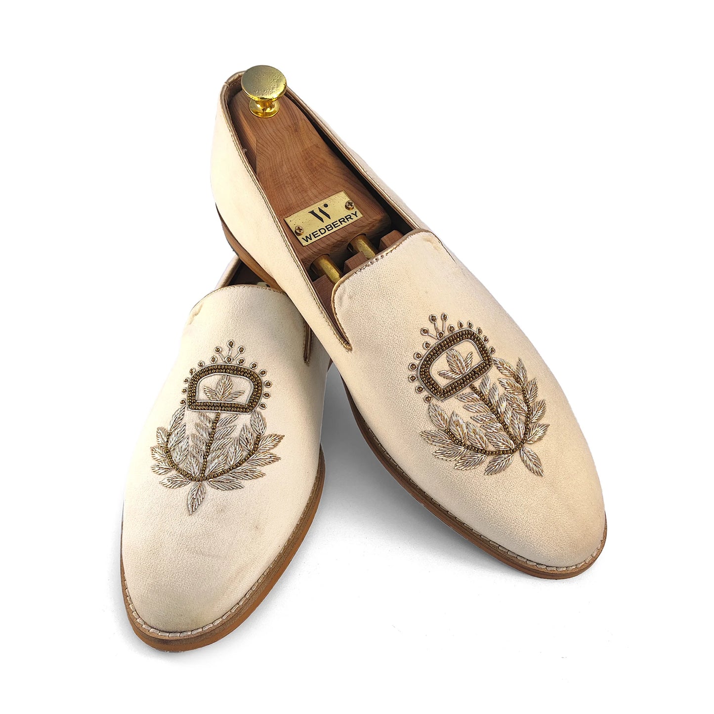 Light Ivory Velvet with Light Gold Zardozi Handwork Wedding Shoes Ethnic Loafers for Men