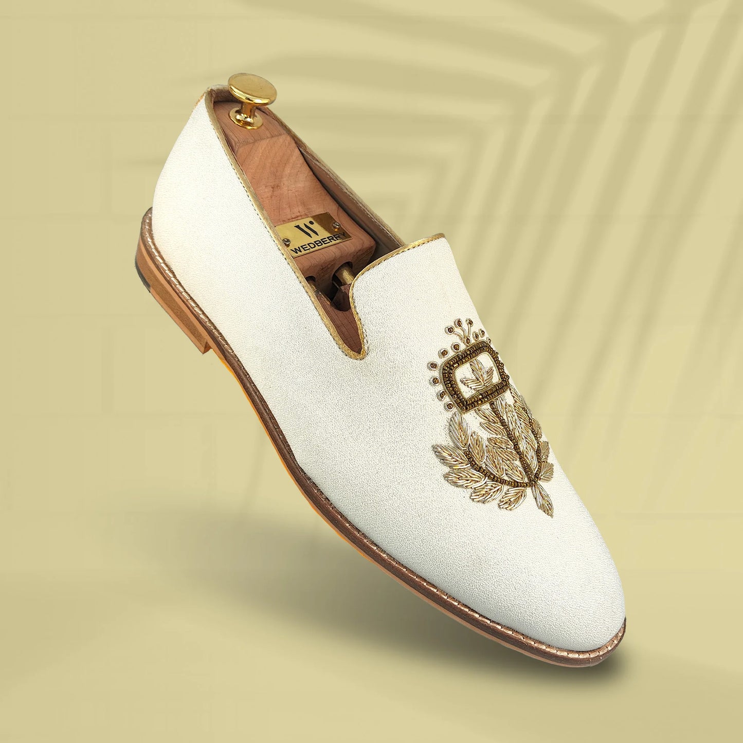 Off White Light Gold Zardozi Handwork Wedding Shoes Ethnic Loafers for Men