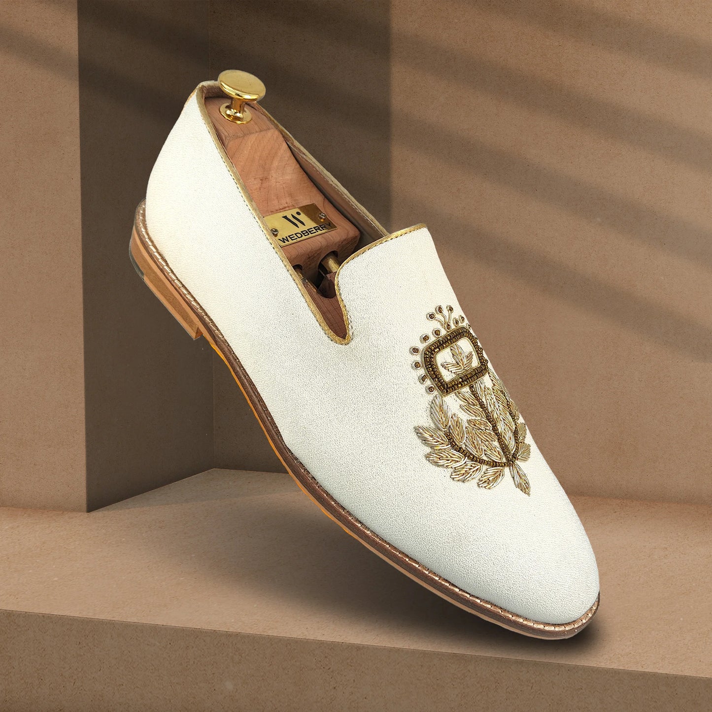 Off White Light Gold Zardozi Handwork Wedding Shoes Ethnic Loafers for Men