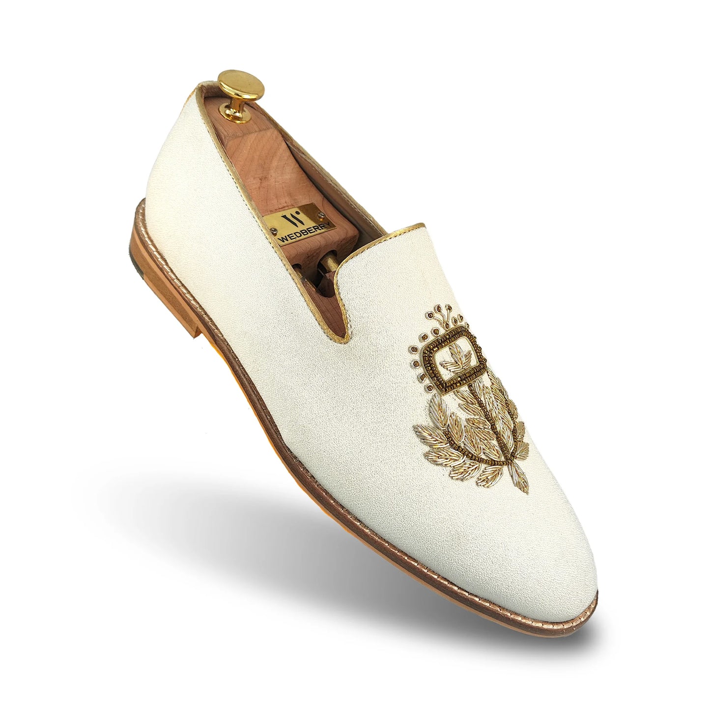 Off White Light Gold Zardozi Handwork Wedding Shoes Ethnic Loafers for Men