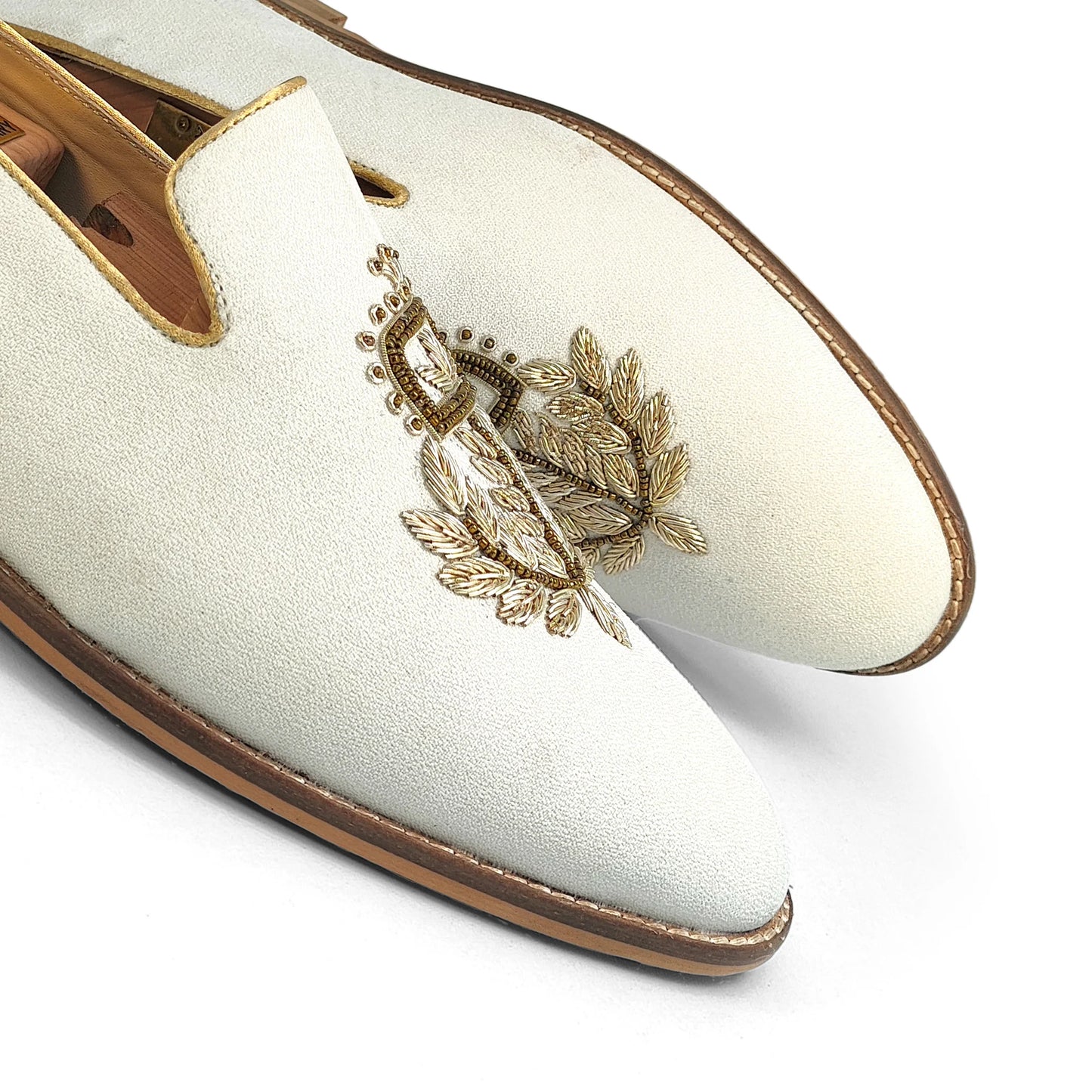 Off White Light Gold Zardozi Handwork Wedding Shoes Ethnic Loafers for Men