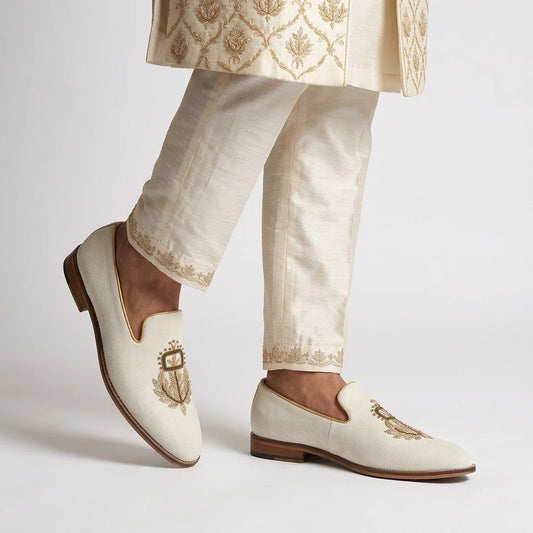 Off White Gold Zardozi Handwork Wedding Shoes Ethnic Shoes for Men