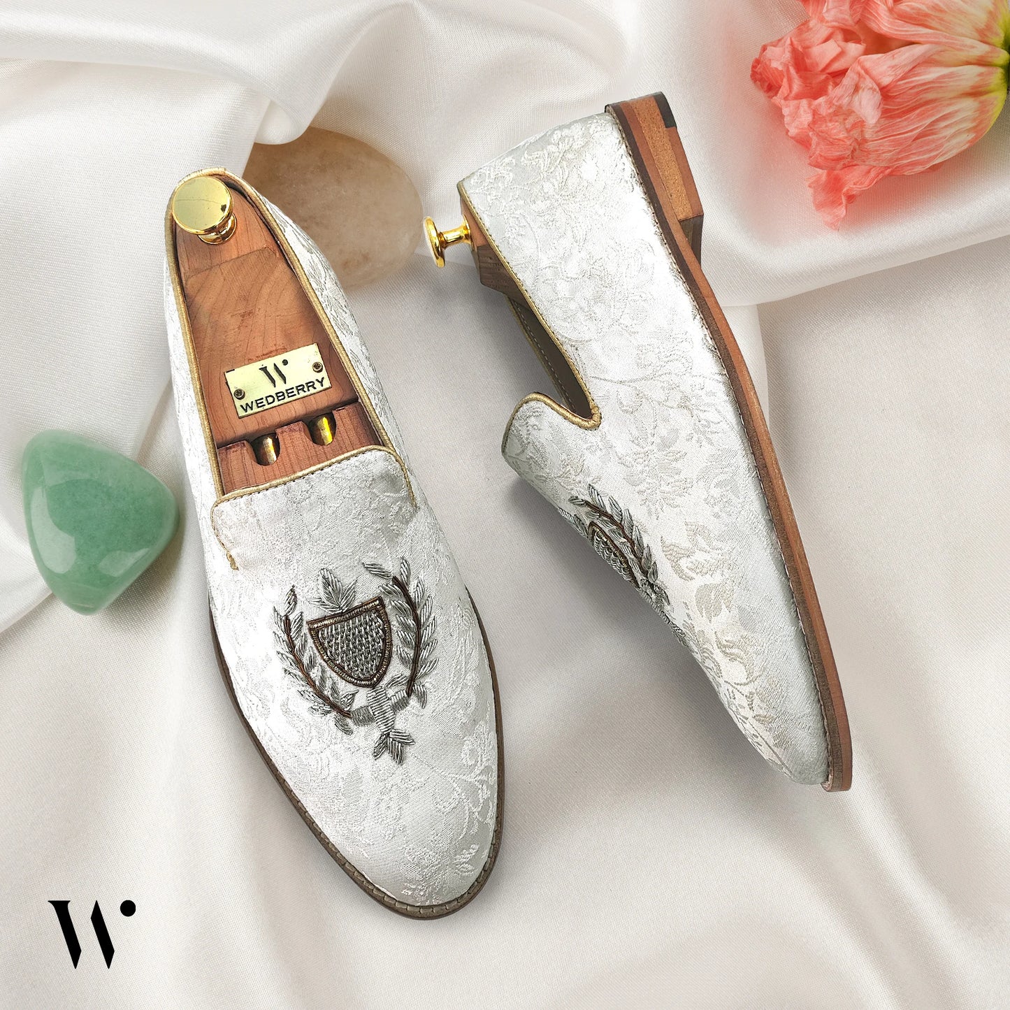 White Brocket Flower with Silver Zardozi Handwork Wedding Shoes Ethnic Loafers for Men