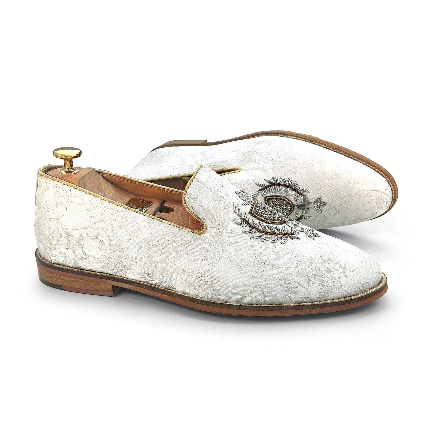 White Brocket Flower with Silver Zardozi Handwork Wedding Shoes Ethnic Loafers for Men