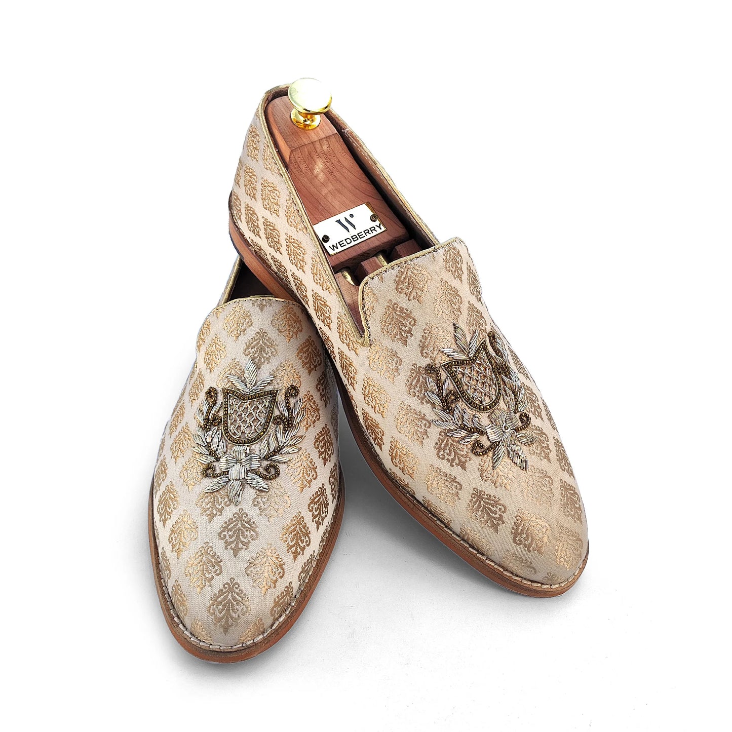 Biege Gold Light Gold Zardozi Handwork Wedding Shoes Ethnic Loafers for Men