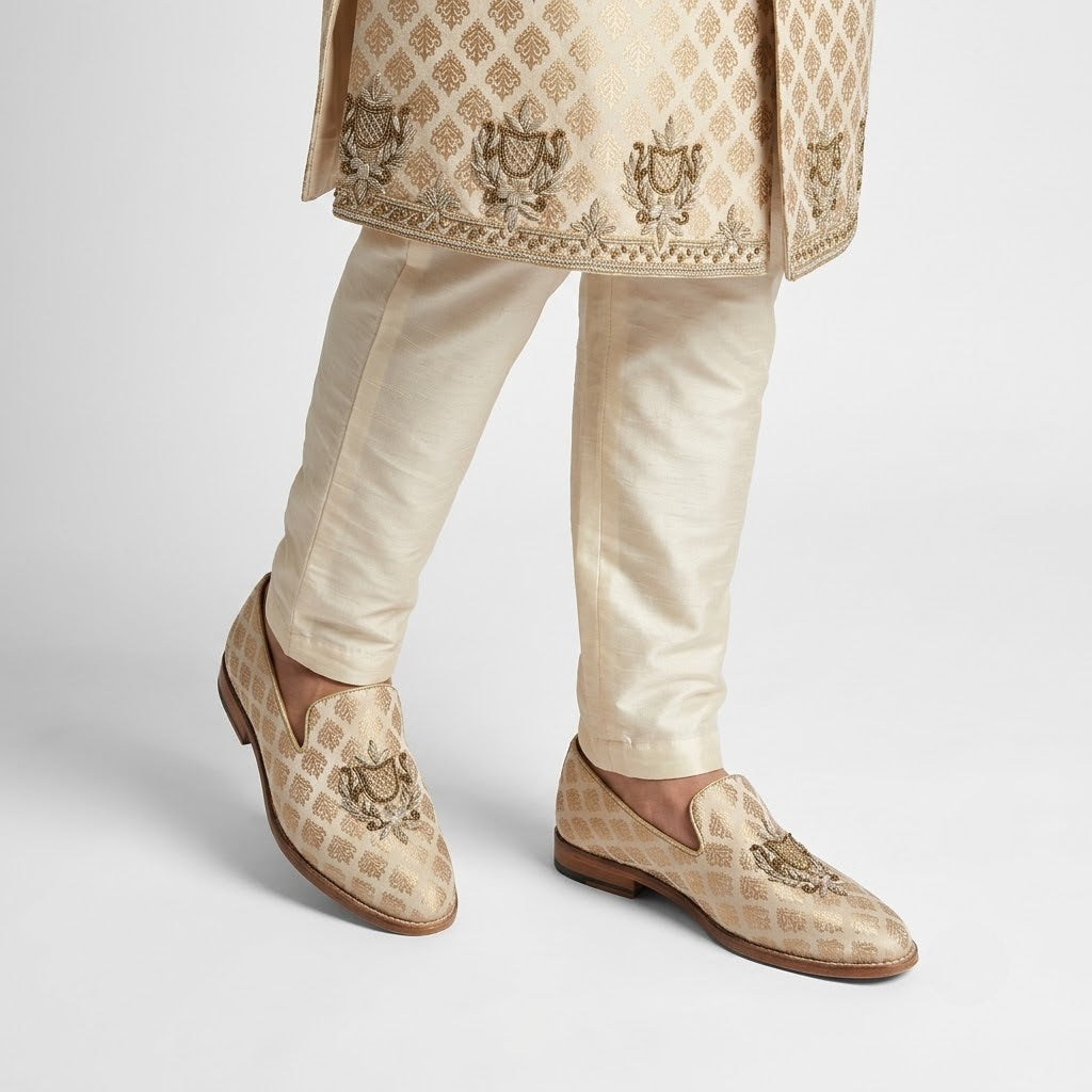 Biege Gold Light Gold Zardozi Handwork Wedding Shoes Ethnic Loafers for Men