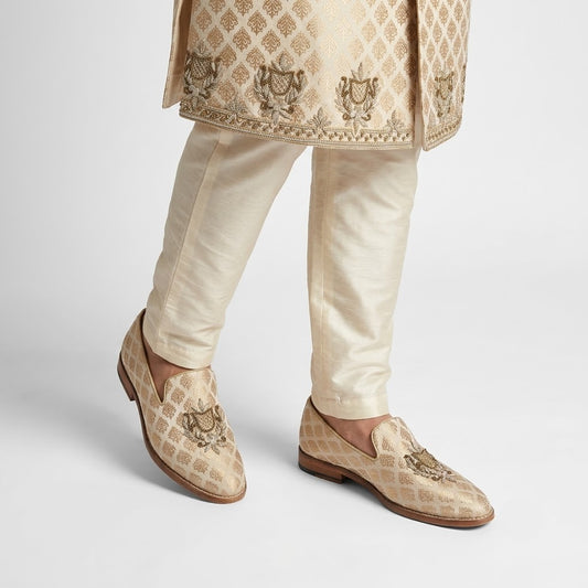 Biege Gold Light Gold Zardozi Handwork Wedding Shoes Ethnic Loafers for Men