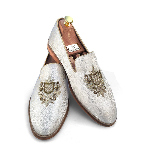 White Brocket Zardozi Handwork Wedding Shoes for Men