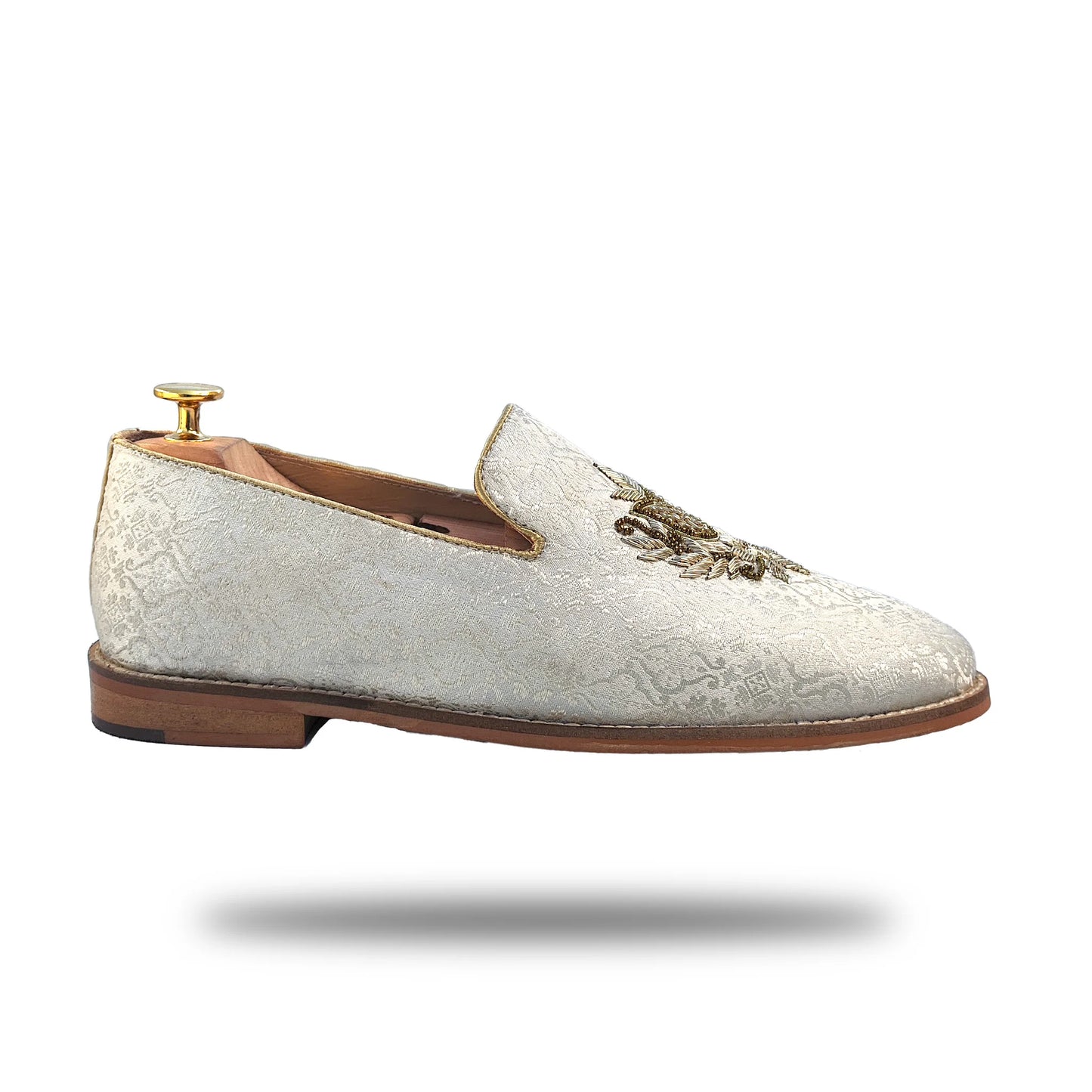 White Brocket Light Gold Zardozi Handwork Wedding Shoes Ethnic Loafers for Men