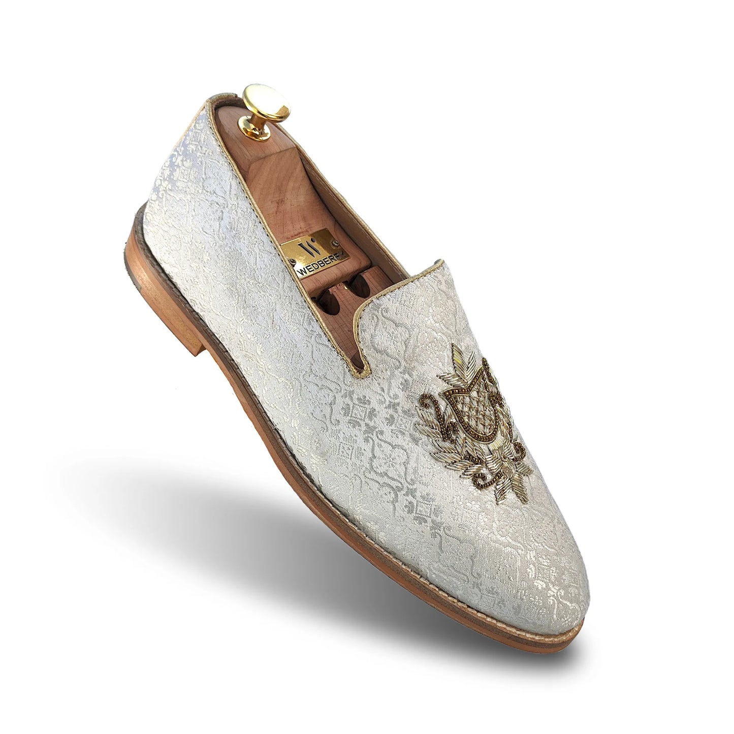 White Brocket Light Gold Zardozi Handwork Wedding Shoes Ethnic Loafers for Men