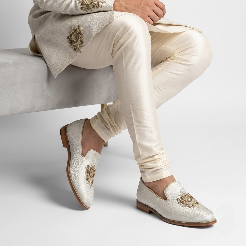 White Brocket Zardozi Handwork Wedding Shoes for Men