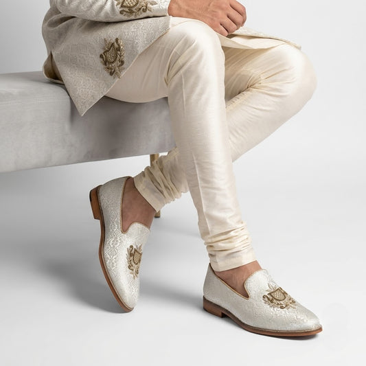 White Brocket Zardozi Handwork Wedding Shoes for Men