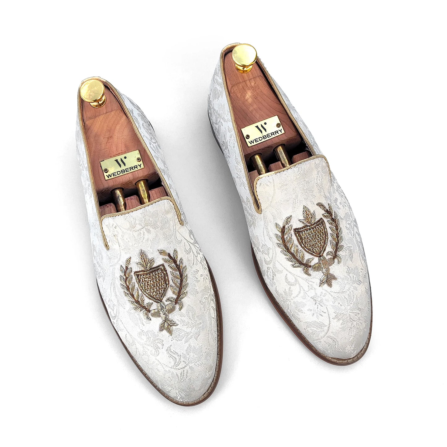 White Flower Brocket Light Gold Zardozi Handwork Wedding Shoes Ethnic Loafers for Men
