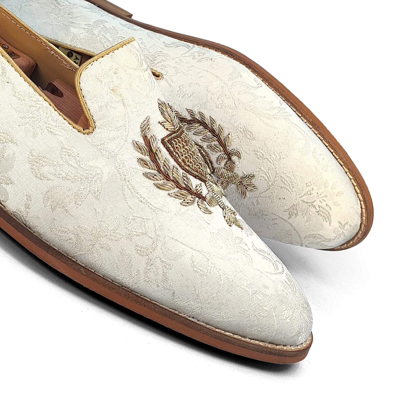 White Flower Brocket Light Gold Zardozi Handwork Wedding Shoes Ethnic Loafers for Men