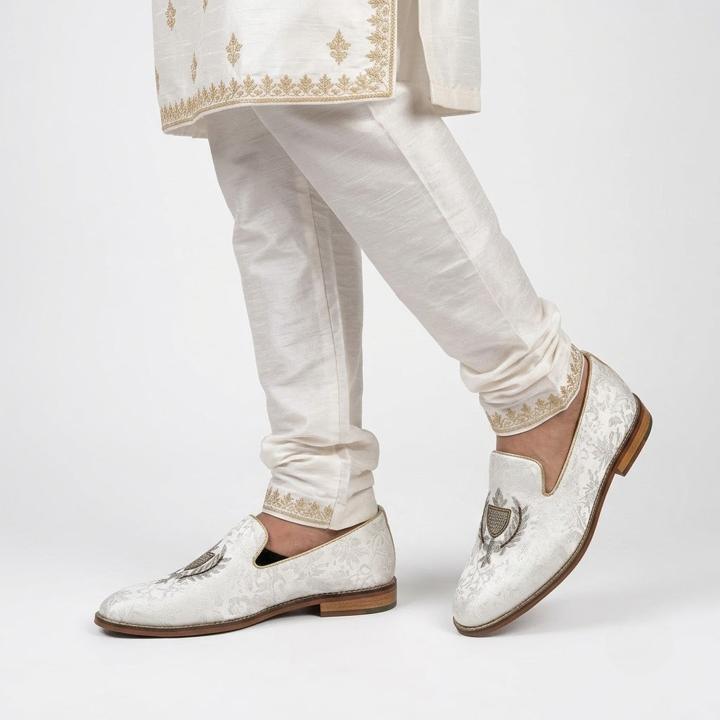 White Zardozi Handwork Wedding Shoes for Men