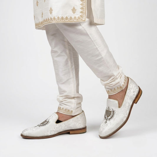White Zardozi Handwork Wedding Shoes for Men