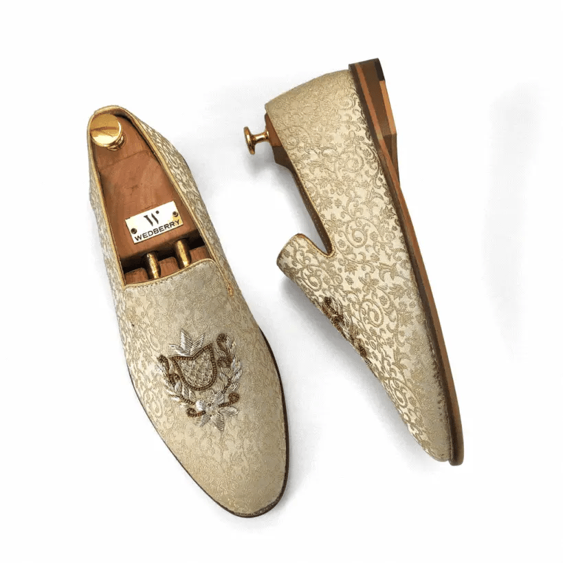 Beige Brocket Light Gold Zardozi Handwork Wedding Shoes Ethnic Loafers for Men
