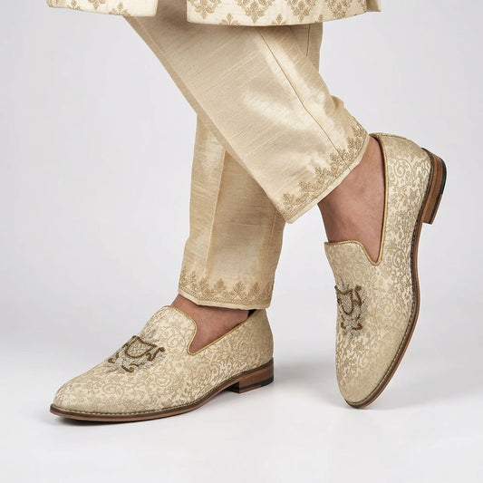 Beige Zardozi Handwork Wedding Shoes Ethnic for Men