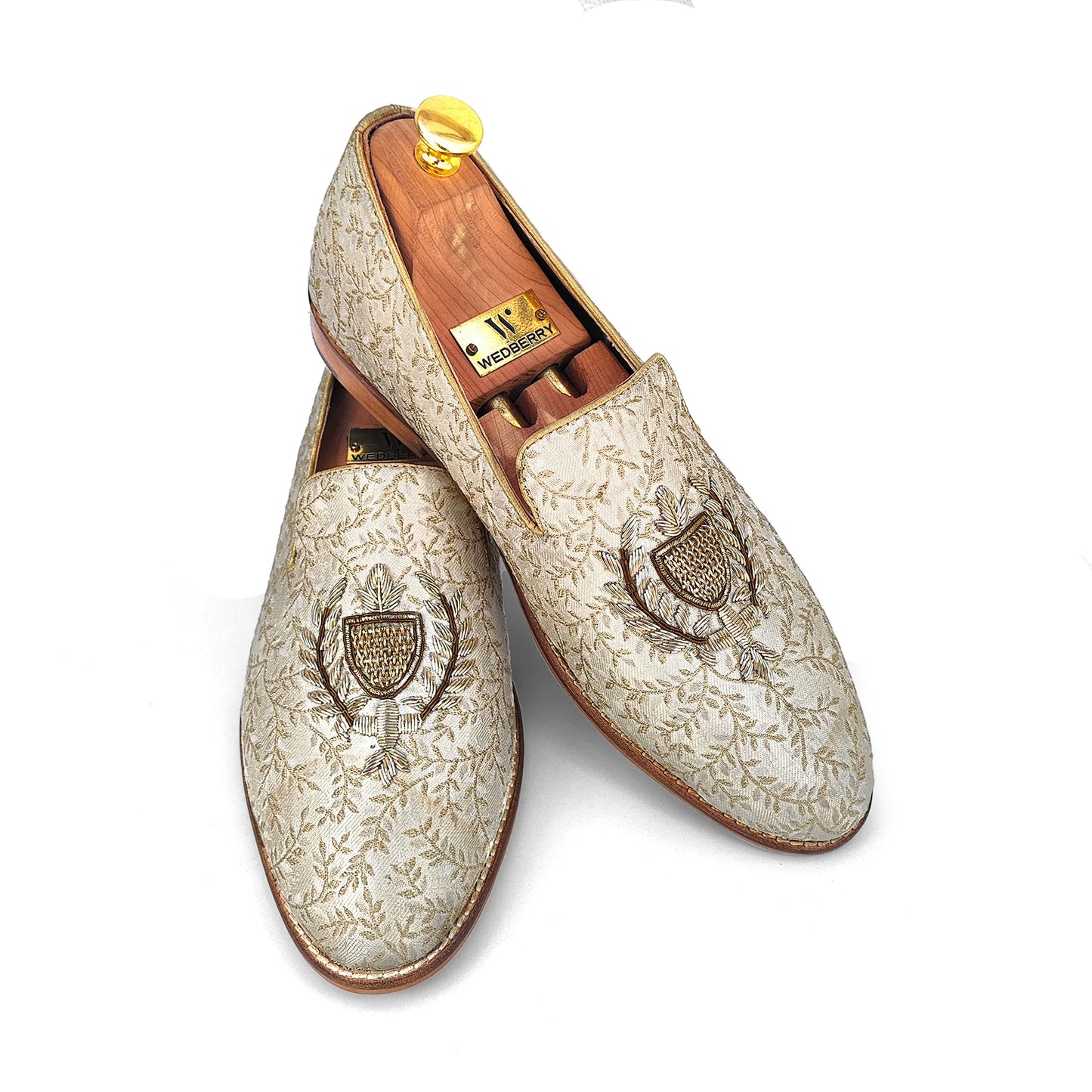 Beige Brocket Light Gold Zardozi Handwork Wedding Shoes Ethnic Loafers for Men
