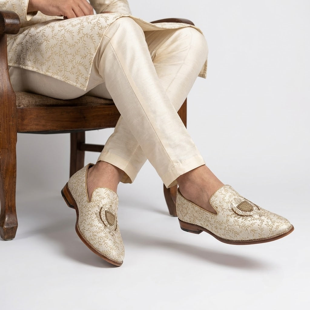 Beige Brocket Light Gold Zardozi Handwork Wedding Shoes Ethnic Loafers for Men