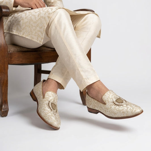 Beige Brocket Light Gold Zardozi Handwork Wedding Shoes Ethnic Loafers for Men