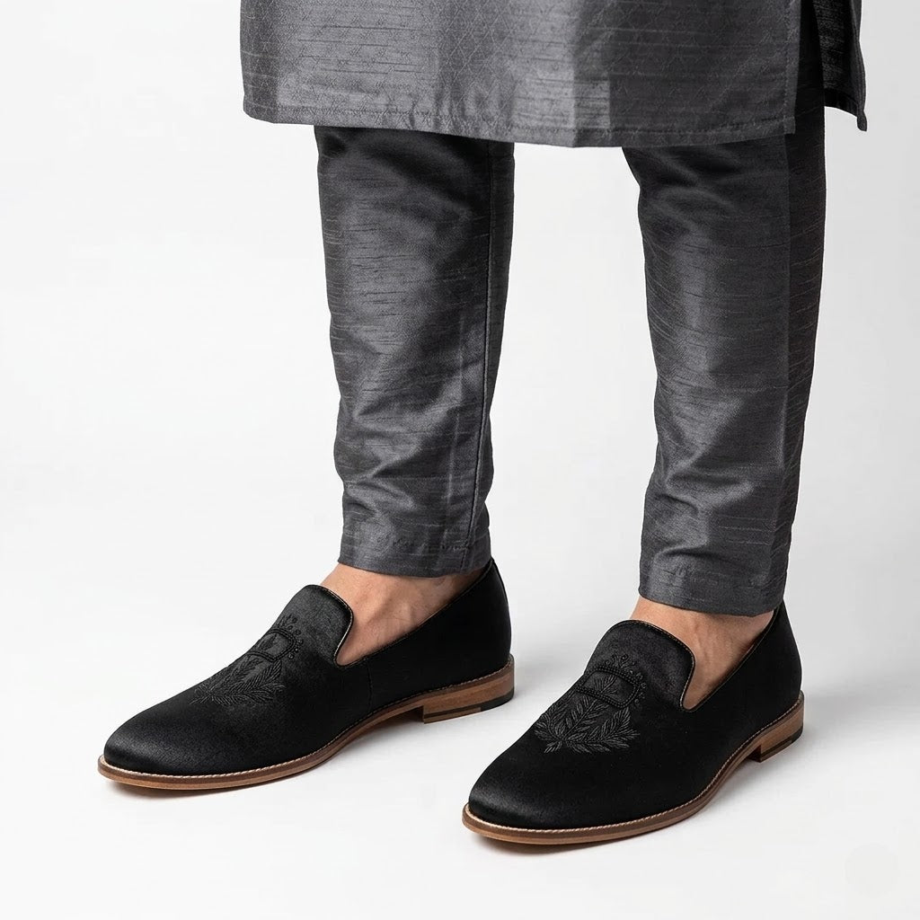 Black Satin Zardozi Loafers
