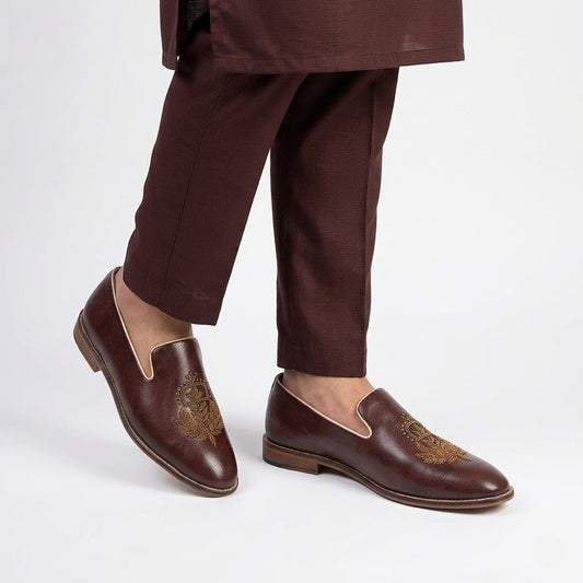 Brown Faux Leather Zardozi Wedding Shoes