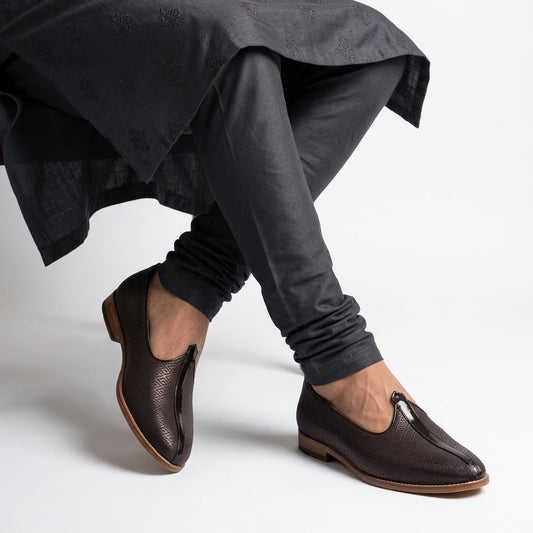 Brown Self Embossed Ethnic Wedding Mojari Slipon for Men