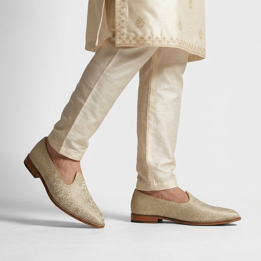Beige Brocket Wedding Shoes Ethnic Moajri Nagra for Men