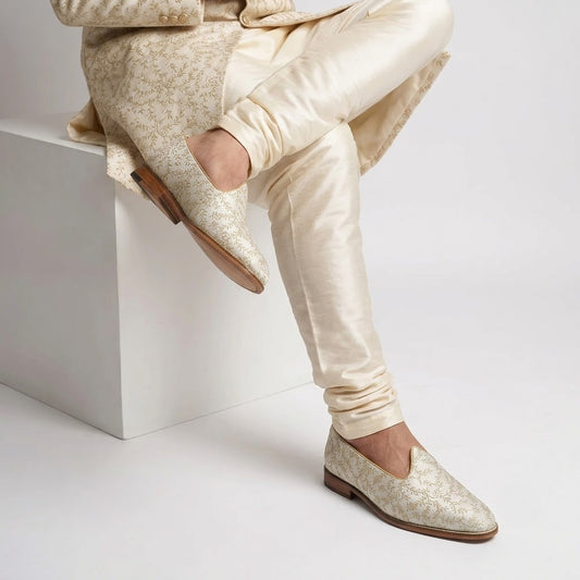 Beige Brocket Wedding Shoes Mojari Ethnic Moajri Nagra for Men