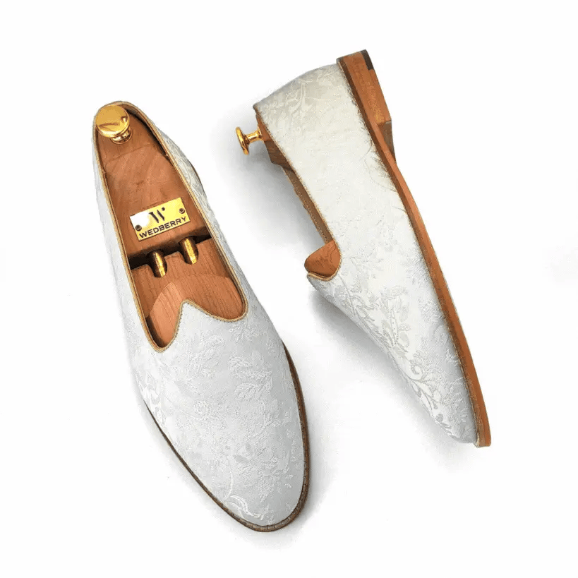 White Brocket Wedding Shoes Ethnic Moajri Nagra Party Loafers for Men