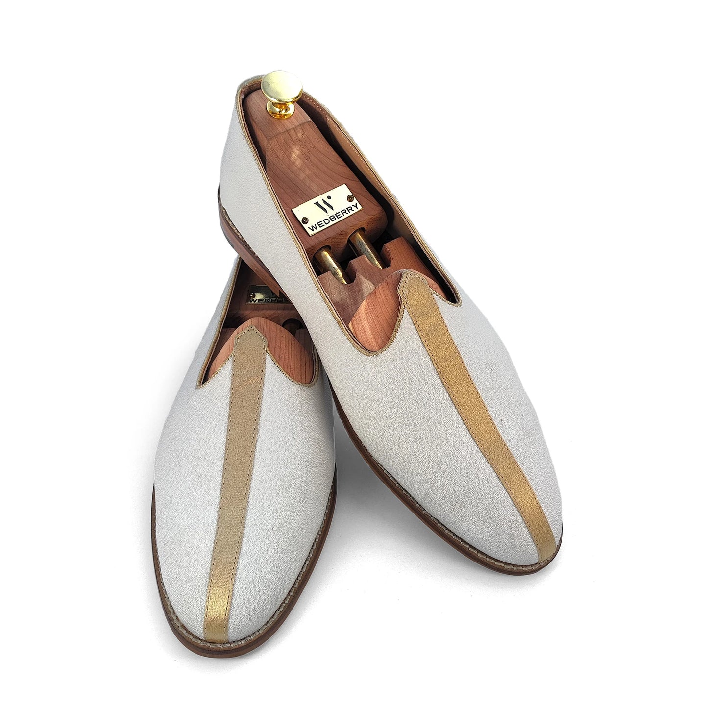 Off White Solid Plain Golden Strap Wedding Shoes Mojari Ethnic Moajri Nagra for Men