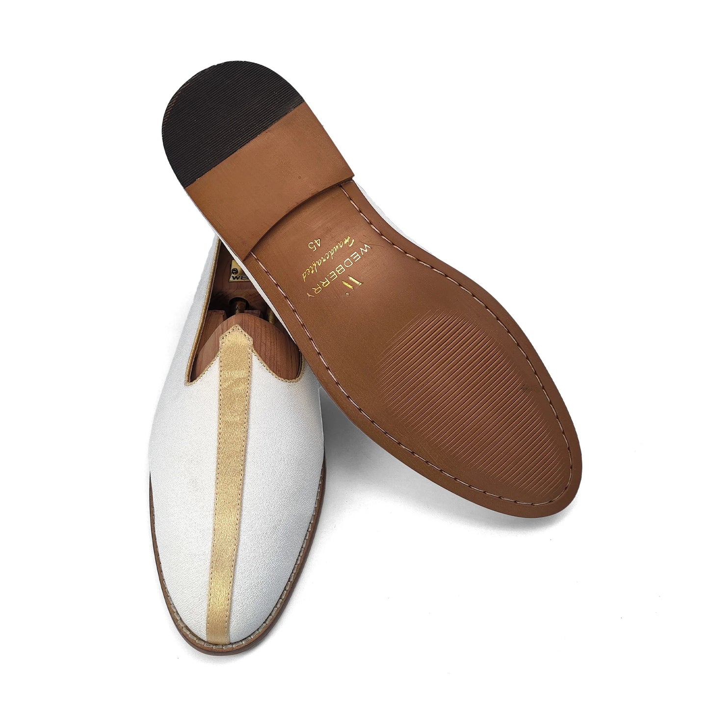 Off White Solid Plain Golden Strap Wedding Shoes Mojari Ethnic Moajri Nagra for Men