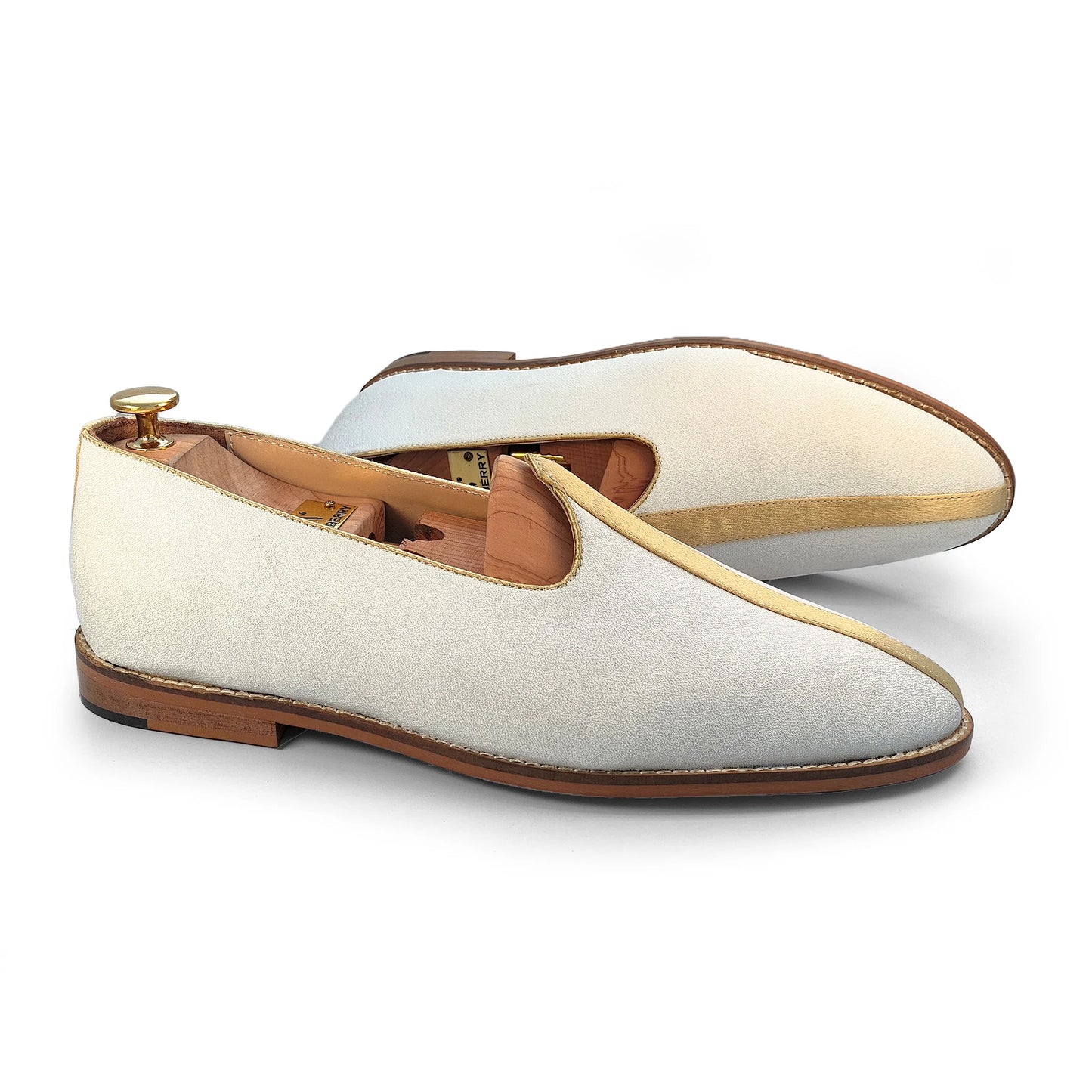 Off White Solid Plain Golden Strap Wedding Shoes Mojari Ethnic Moajri Nagra for Men