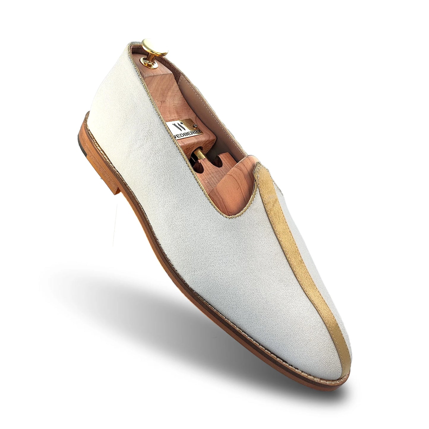 Off White Solid Plain Golden Strap Wedding Shoes Mojari Ethnic Moajri Nagra for Men