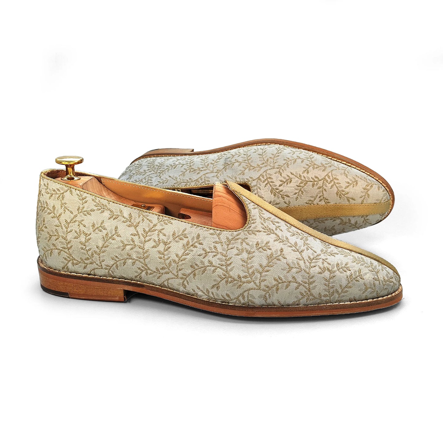 Beige Embroidery Golden Strap Wedding Shoes Mojari Ethnic Moajri Nagra for Men