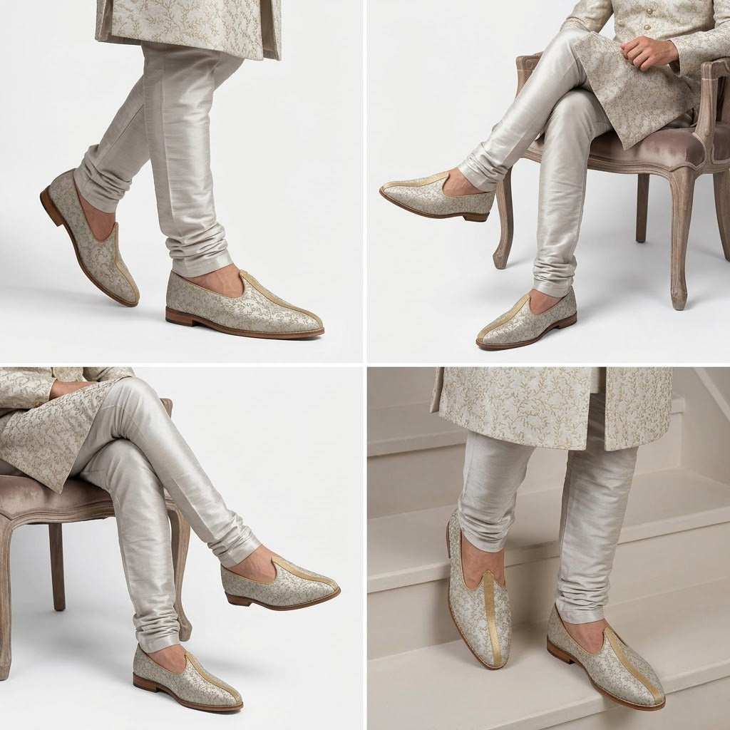 Beige Embroidery Wedding Shoes Mojari for Men