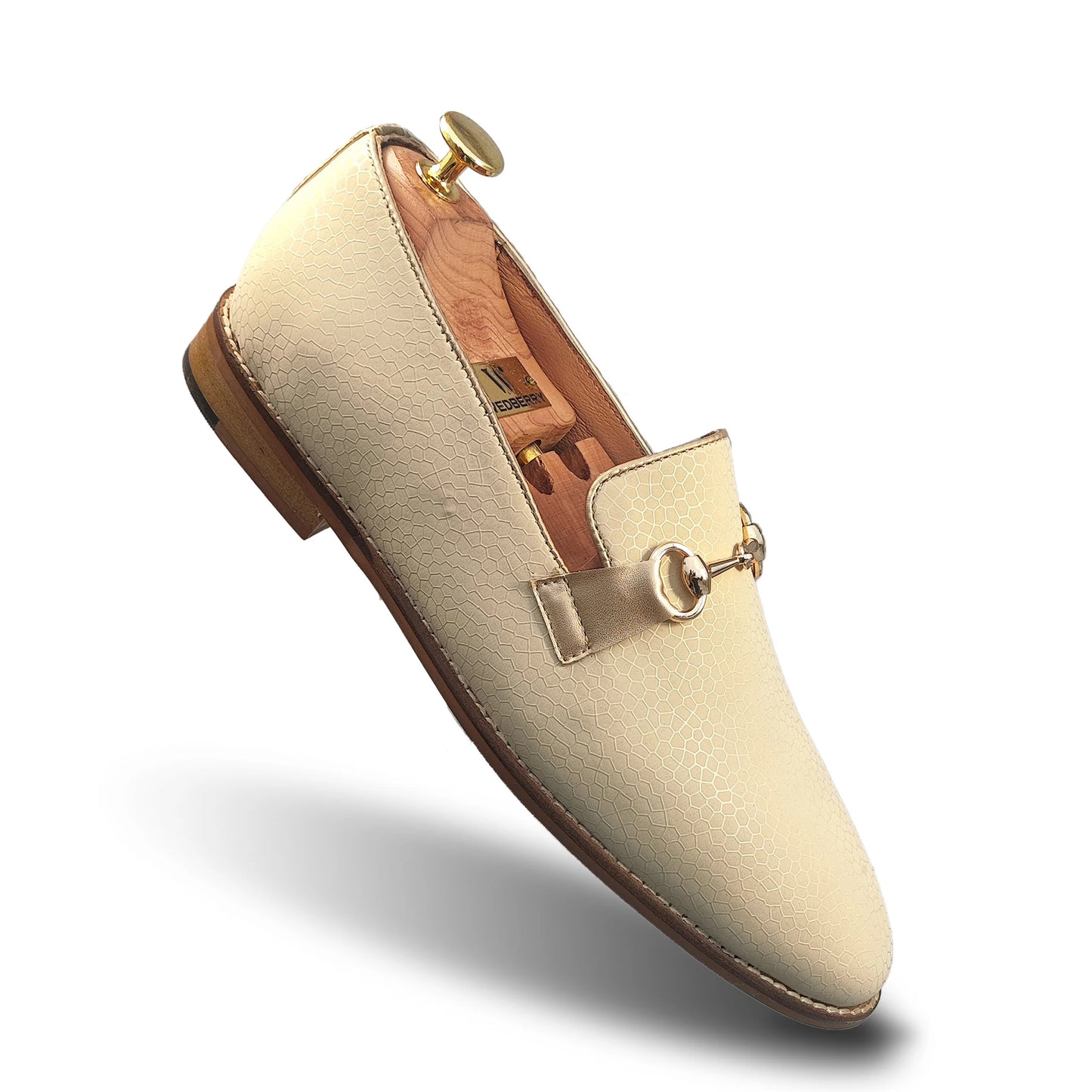 Creme Spider Golden Buckle Slipon Loafers for Men