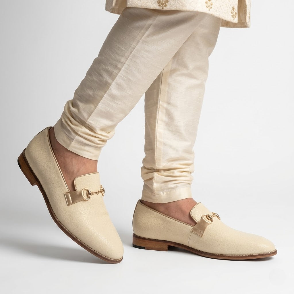 Creme Spider Golden Buckle Slipon Loafers for Men