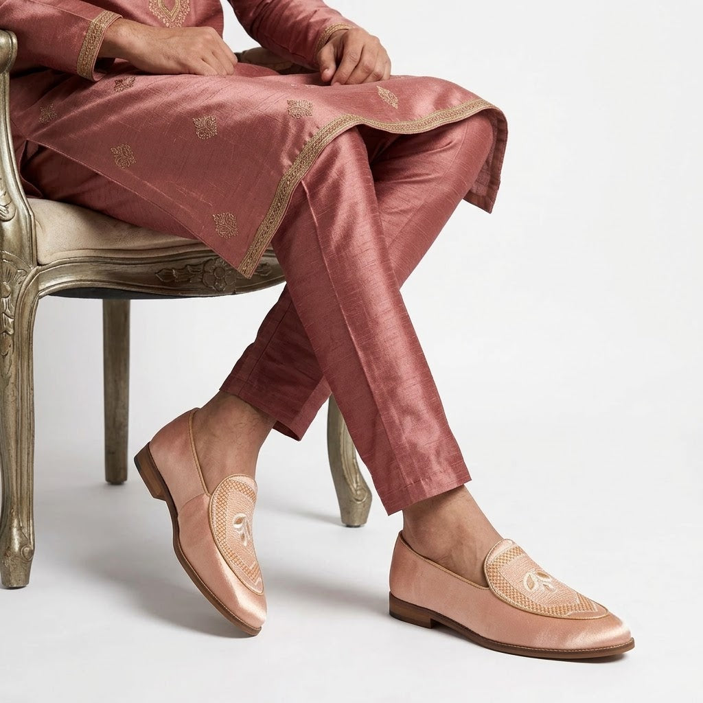 Light Pink Jave Apron Embroidery Wedding Ethnic Loafer Slipon for Men