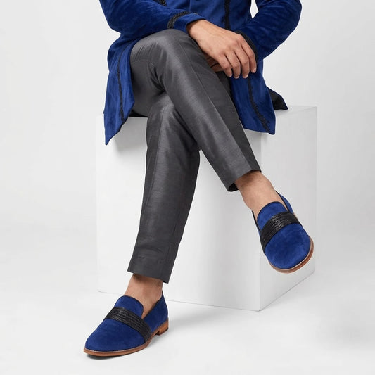 Navy Blue Velvet With Hugo Strap Ethnic Wedding Party Shoes Loafer for Men
