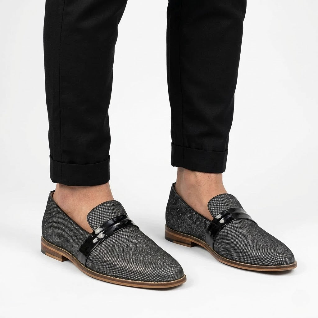 Grey Glitter Black Hugo Strap Ethnic Wedding Party Shoes Loafer for Men