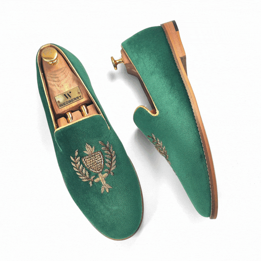 Sea Green Velvet Gold Zardozi Handwork Wedding Ethnic Shoes Loafer for Men
