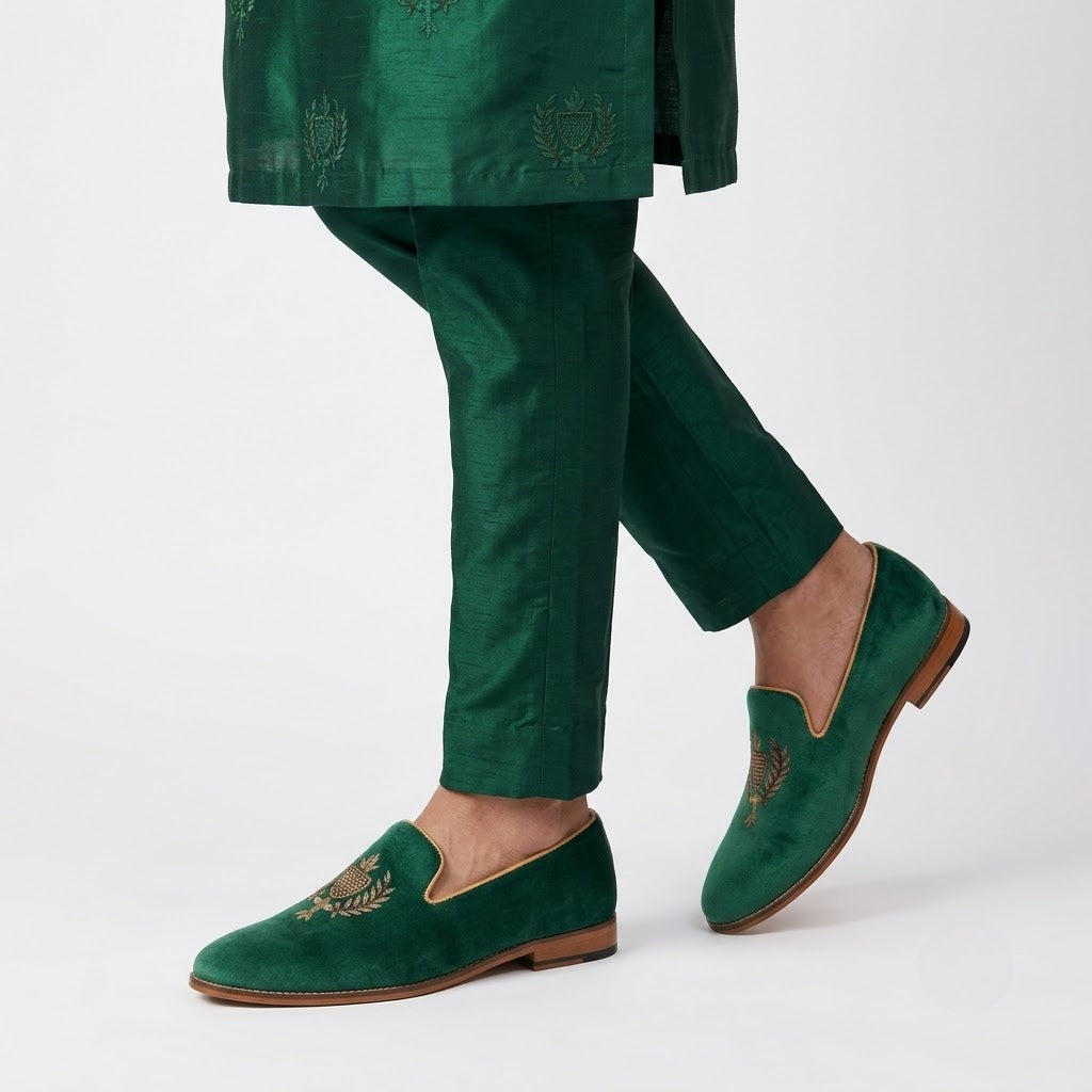 Sea Green Velvet Gold Zardozi Handwork Wedding Ethnic Shoes Loafer for Men